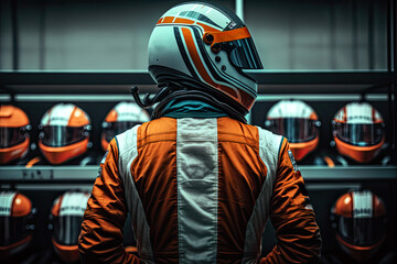 Naklejka na ściany i meble driver in protective helmet and uniform stands in formula one racing . Ai generative
