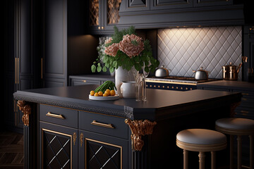 Stylish cozy kitchen island in luxury house. Idea for interior design. AI