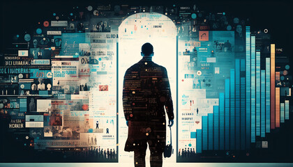 A collage of charts and graphs with a human silhouette standing in the foreground. Big data and analytics in business concept and Data Visualization. Digital Art Illustration.