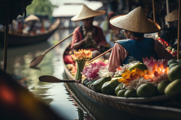 Traditional Thai floating market with vendors selling fresh produce and cooked food, surrounded by beautiful lotus flowers,. © Artofinnovation