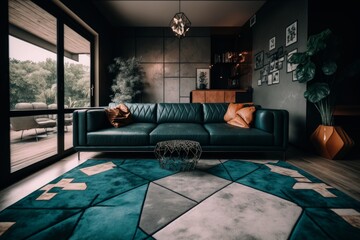 In this modern home decor, a stylish living room interior is created with a wide angle design leather sofa and carpet decor.