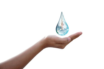 concept of saving the world water droplets on human hand