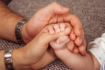 Baby Hände geborgen in den Händen von Mutter und Vater, in den Händen der Eltern.