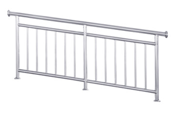 Stainless steel railing isolated on white 10-degree tilt.