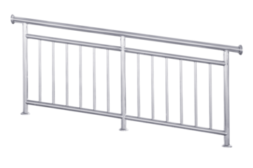 Stainless steel railing isolated on white 10-degree tilt.