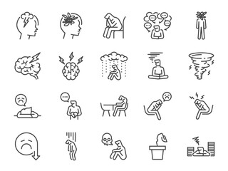 Depression icon set. Included the icons as serious, stressed, stress, sad, emotional, and more.