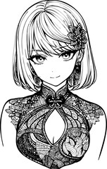 A beautiful girl, featuring decorations and costumes, doodle, coloring book. Vector abstract background