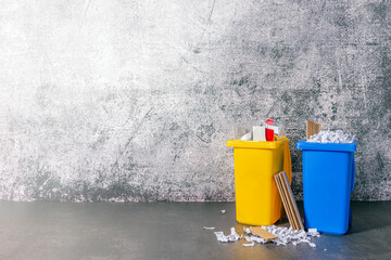 Gelbe und blaue Tonne gefüllt mit Plastik und Papier vor einer schmutzigen Wand Platz für Text