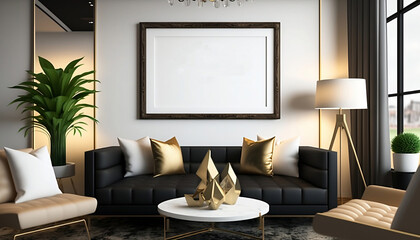 Mockup photo frame in modern living room interior design.Generative AI