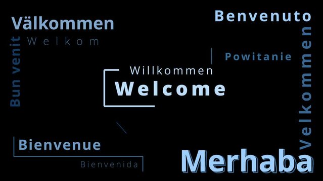 Welcome word cloud in different european languages like swedish czech danish turkish german portugues spanish rumanian frensh and polish as well as ukrainian and russian as multi-lingual word cloud