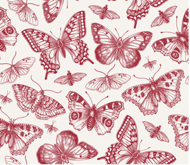 Seamless pattern. Butterfly Butterflies animals moths insect fly peacock makhaon mosquito realistic isolated. Vintage fabric background. Wallpaper. Drawing engraving. Vector victorian Illustration    