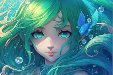 a young cute mermaid princess girl, anime style, generative ai technology