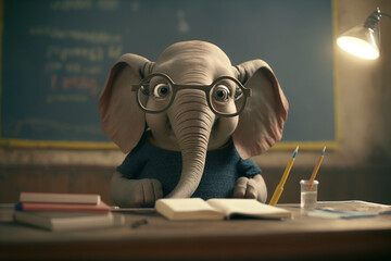 Cute smiling baby elephant at a school lesson at a desk, education and school concept, art generated by ai