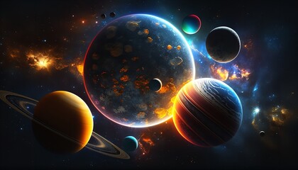 Artwork of the solar system from an other galaxy in space with planets, stars, and nebula. Generative Ai.
