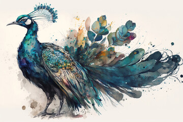 Peacock, side view of a beautiful bird with a tail. Animal watercolor illustration, Generative AI