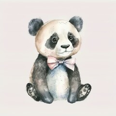 children's toy teddy bear panda with a bow watercolor paints Generative AI
