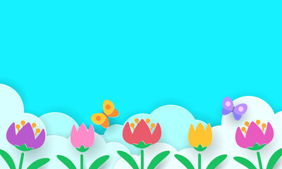 Spring paper cut art, colorful nature background, Easter greeting card.