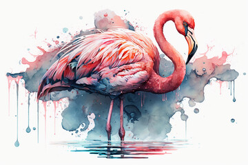 Pink flamingo watercolor illustration. Beautiful elegant bird, Generative AI
