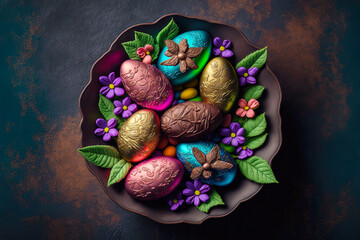 Painted Easter eggs as decoration in bowl. Postproducted generative AI illustration.