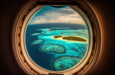 View of a tropical island from an airplane window. Generative AI