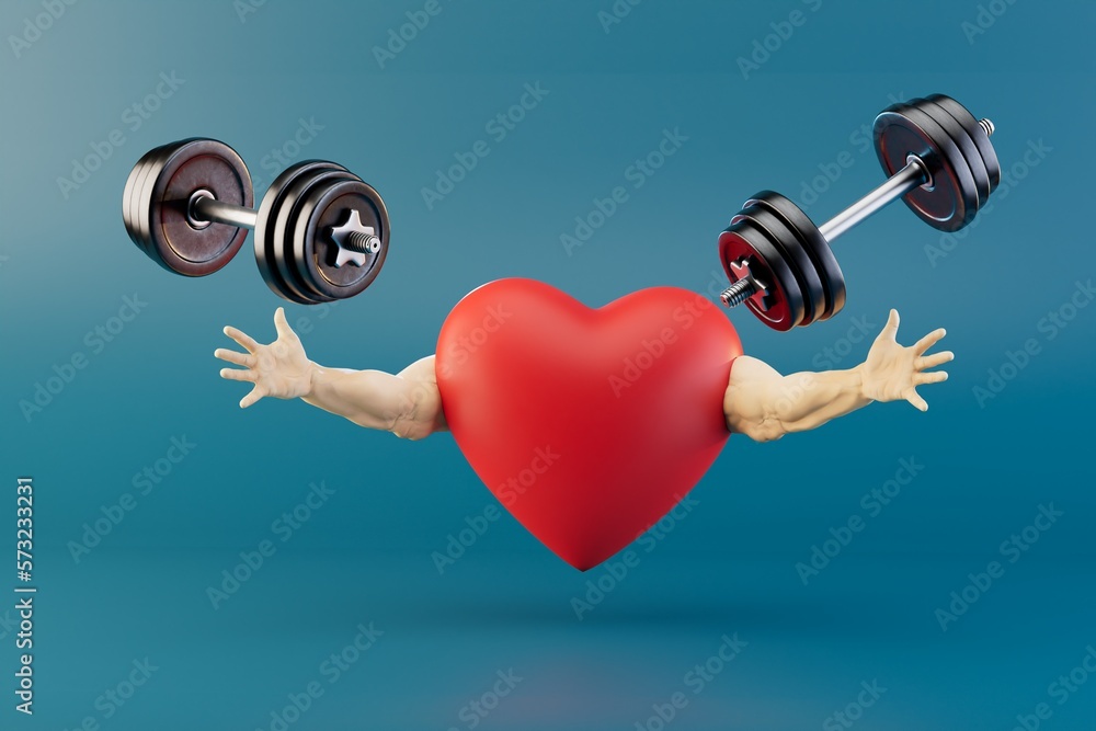Poster love for strength exercises. constant cardio load. heart with hands and dumbbells on a turquoise bac