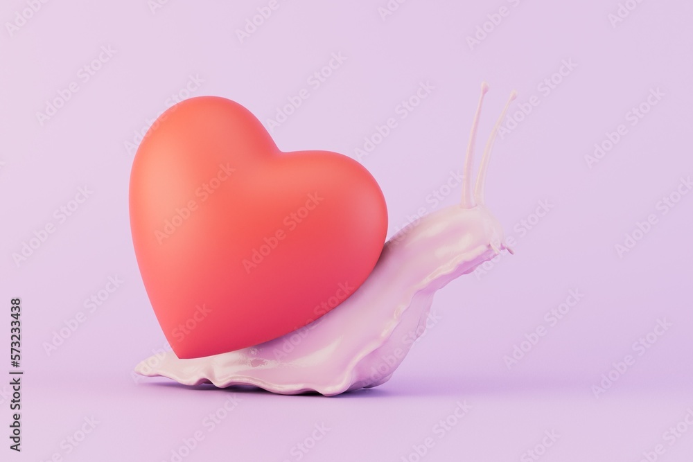 Poster wait a long time for a declaration of love. a snail carrying a heart on a pastel background. 3d rend