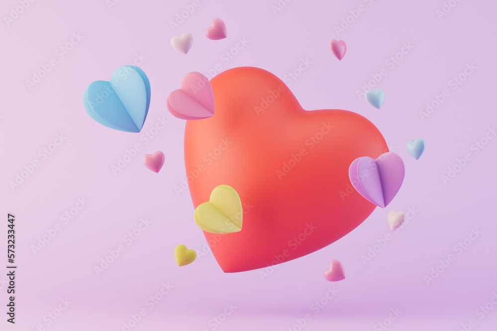 Poster the concept of a declaration of love. a large red heart next to multi-colored hearts on a pastel bac