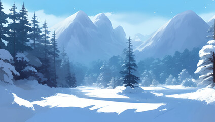 Snowy Mountains and Hills, with Pine and Fir Trees Scenery During The Day Detailed Hand Drawn Painting Illustration