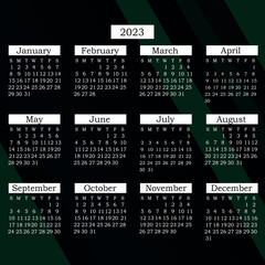 Calendar 2023 - Numbers on a black background - Vector