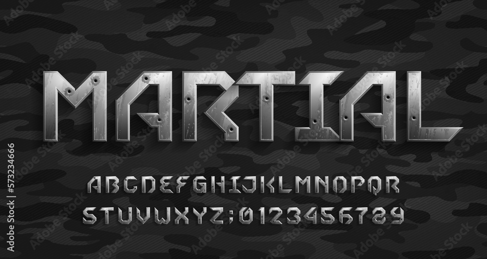 Fototapete martial alphabet font. metal letters and numbers with bullet marks. camo background. stock vector ty