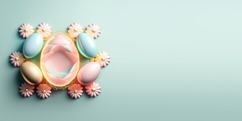 Shiny 3d easter eggs greeting card background and banner with flower ornament and copy space