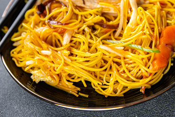 noodles chicken and vegetables healthy meal food snack on the table copy space food background rustic top view