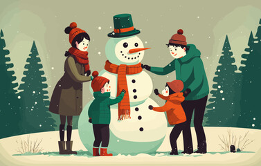 Family building a happy snowman to promote vacation activities. Red and green colors evoke a festive atmosphere and family unity.