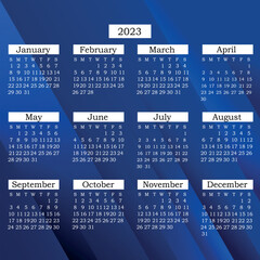 Calendar 2023 - Numbers on a blue background - Vector