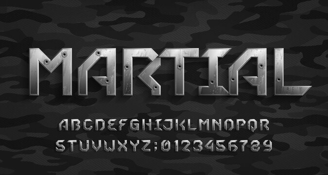 Martial alphabet font. Metal letters and numbers with bullet marks. Camo background. Stock vector typescript for your design.