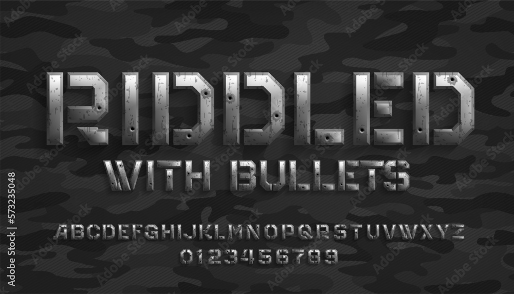 Poster riddled with bullets alphabet font. metal letters and numbers with bullet marks. camo background. st