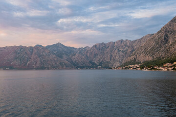 Perfect landscape, view of Kotor bay during sunset, mountains and sea, soft colours, background