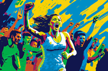 A person is running towards a finish line, cheered on by a cheering crowd. The scene is energetic and colorful, evoking excitement, determination, and victory.