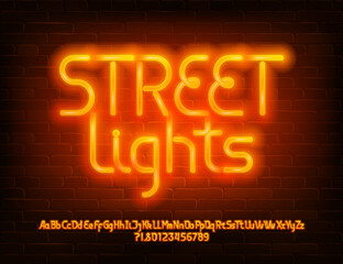 Street Lights alphabet font. Bright neon light letters, numbers and symbols. Brick wall background. Stock vector typeface for your design.