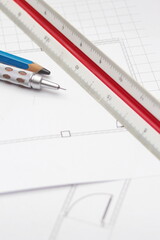 Pencils and ruler on a construction plan, close-up, architect, architecture,drawing architect.