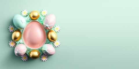 Naklejka na ściany i meble Glossy 3d easter eggs greeting card background and banner with flower ornament and copy space