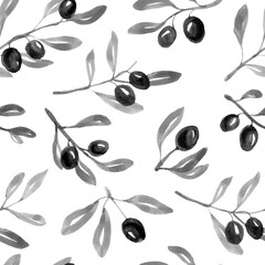Seamless pattern with ink hand drawn olive tree twigs. Vintage black and white olive background