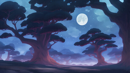 Beautiful Forest with Big and Old Trees During Night with Visible Moon Detailed Hand Drawn Painting Illustration