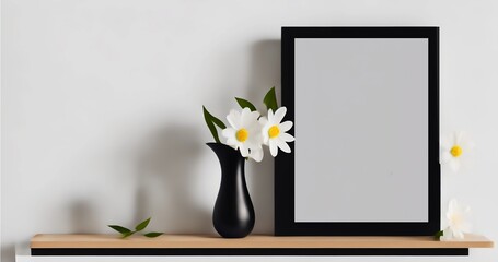 Empty Frame with flower, on table. for wedding photo, portrait, painting, memento, created by Generative A.I