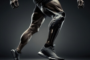 Fototapeta na wymiar Close-up illustration of an athlete's legs with prosthetics in the style of the future. AI Generation