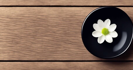 Obraz premium Flower on table, on the wall, on the bowl, wooden table Created By Generative A.I