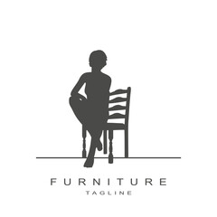 Woman sitting on a chair. Logo design isolated on white background. Furniture for home. Creative advertising brand promotion.