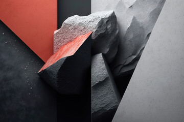 A minimal graphic design wallpaper on a charcoal background. Stones, black and red graphics. AI generation