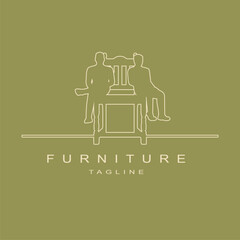 Two men sitting on a chair. Logo design isolated on monochrome background. Furniture for home. Creative advertising brand promotion.