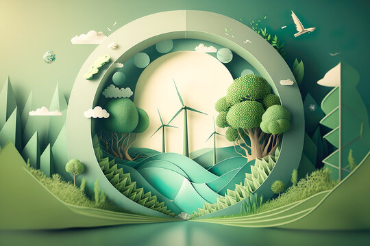 Paper art , renewable energy with green energy as wind turbines ,  Renewable energy by 2050 Carbon neutral energy , Energy consumption and CO2,  Reduce CO2 emission concept